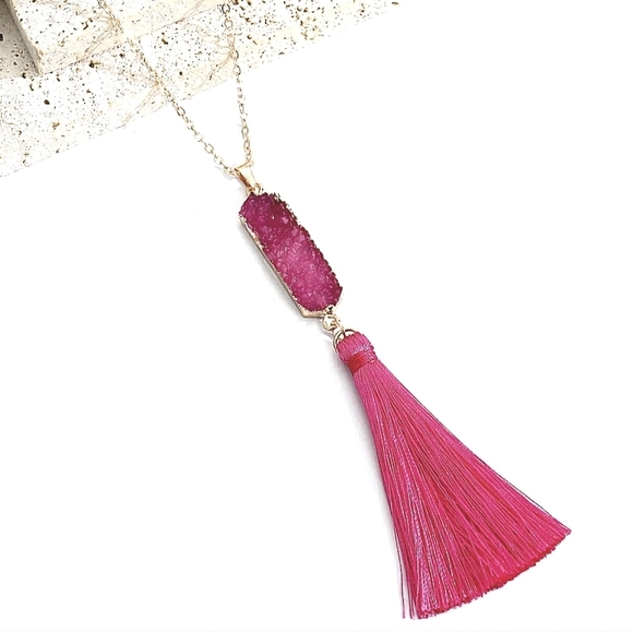 Pink Tassel Necklace Pink Simulated Druzy Quartz Gold Chain - Picture 1 of 9